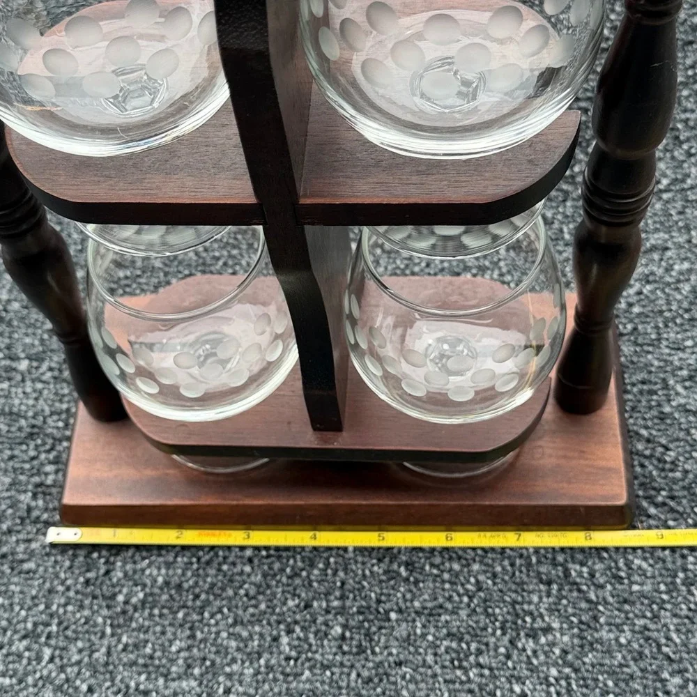Vintage Wooden Rotating Bar Caddy with 4 Etched Polka Dot Brandy Snifter Glasses